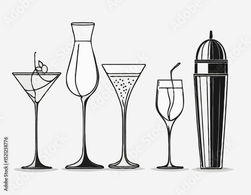 Elegant Wine Glass, Cocktail Shaker, and Coffee Cup Line Icons Set for Stylish Bar Menus