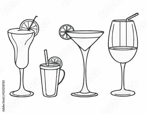 Elegant Wine Glass, Cocktail Shaker, and Coffee Cup Line Icons Set for Stylish Bar Menus