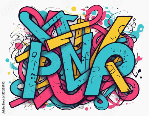 Vibrant Graffiti Tagging Line Art Illustration Featuring Intertwined Letters and Abstract Forms, Ideal for Music Album Covers, Skateboarding Graphics, and Youth Culture Design.
