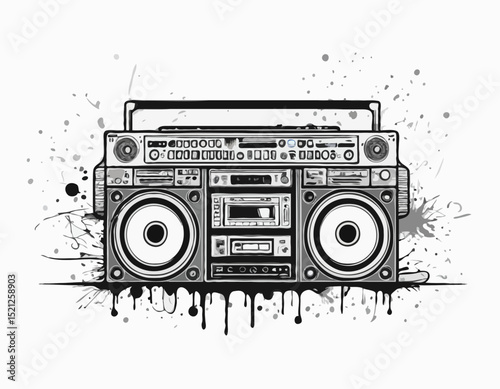 Detailed Line Art Illustration of a Boombox Surrounded by Graffiti Splatter, Representing Hip Hop Culture, Music, and Urban Creativity for Posters and Flyers.