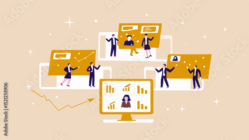 Business team meeting online with graphs and charts on computer screens in a digital conference call setting
