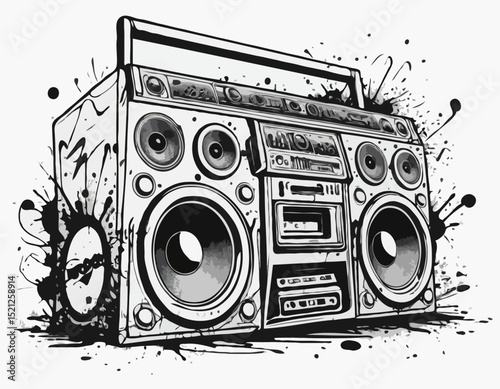 Detailed Line Art Illustration of a Boombox Surrounded by Graffiti Splatter, Representing Hip Hop Culture, Music, and Urban Creativity for Posters and Flyers.