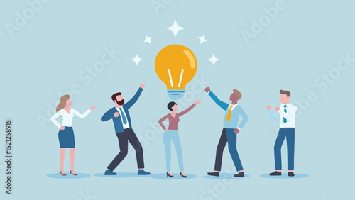 Group of people celebrating a new idea with a light bulb and stars on a light blue background scene