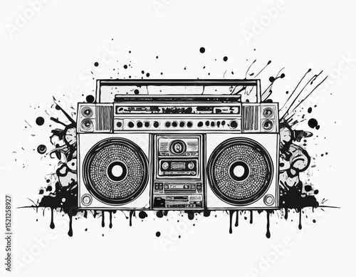 Detailed Line Art Illustration of a Boombox Surrounded by Graffiti Splatter, Representing Hip Hop Culture, Music, and Urban Creativity for Posters and Flyers.