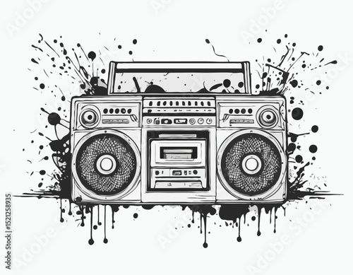 Detailed Line Art Illustration of a Boombox Surrounded by Graffiti Splatter, Representing Hip Hop Culture, Music, and Urban Creativity for Posters and Flyers.
