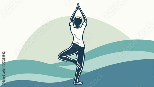 Illustration of a person in tree pose with hands together above head against a wavy background design