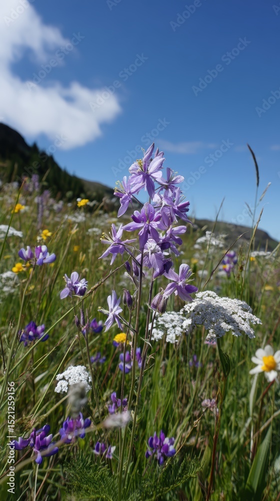 Obraz premium artistic professional photo of blooming wildflowers on an alpine meadow, vertical scene