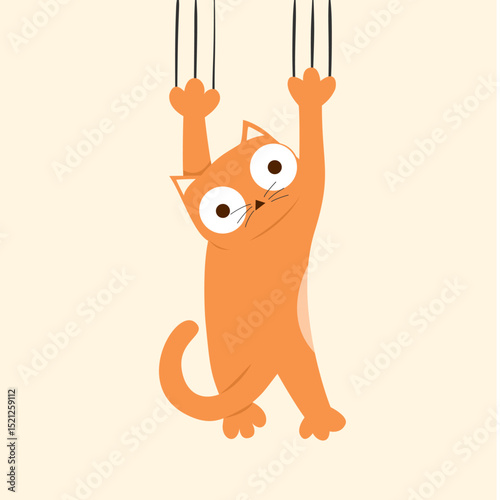 funny cartoon cat on a hook, vector illustration flat orange cat animal