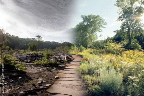 Before and after visualization of damaged landscape transforming into thriving ecosystem through conservation efforts with timeline elements, perfect for environmental restoration concepts