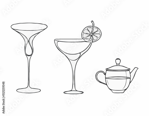 Charming Line Drawings of Wine Glass, Cocktail Shaker, and Tea Cup for Drink Designs