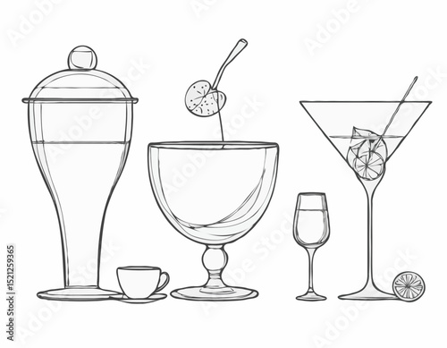 Charming Line Drawings of Wine Glass, Cocktail Shaker, and Tea Cup for Drink Designs