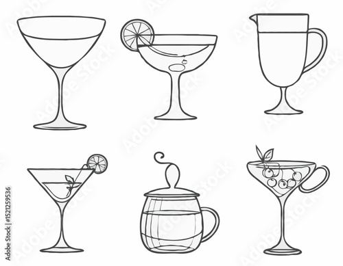 Charming Line Drawings of Wine Glass, Cocktail Shaker, and Tea Cup for Drink Designs