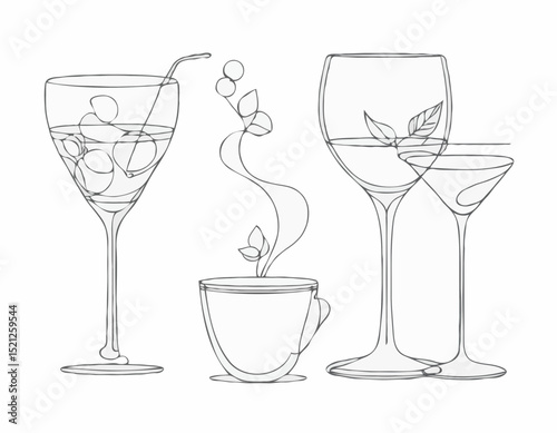 Charming Line Drawings of Wine Glass, Cocktail Shaker, and Tea Cup for Drink Designs