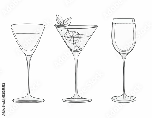 Charming Line Drawings of Wine Glass, Cocktail Shaker, and Tea Cup for Drink Designs