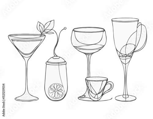 Charming Line Drawings of Wine Glass, Cocktail Shaker, and Tea Cup for Drink Designs