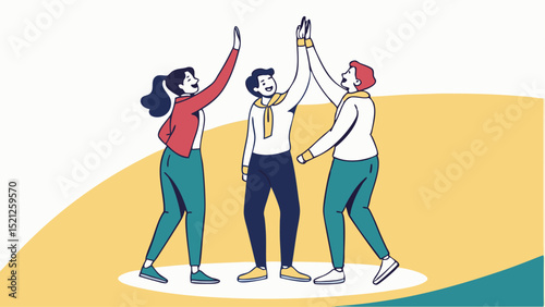 Three people giving a high five in celebration standing on a yellow surface with white background area