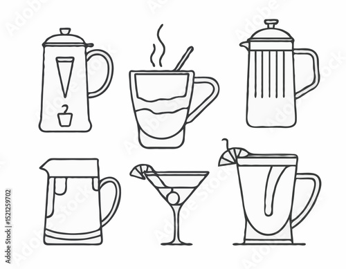 Sleek Outline Icons of Beer Stein, Martini Glass, and Coffee Pot for Bar Graphics