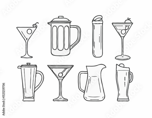 Sleek Outline Icons of Beer Stein, Martini Glass, and Coffee Pot for Bar Graphics