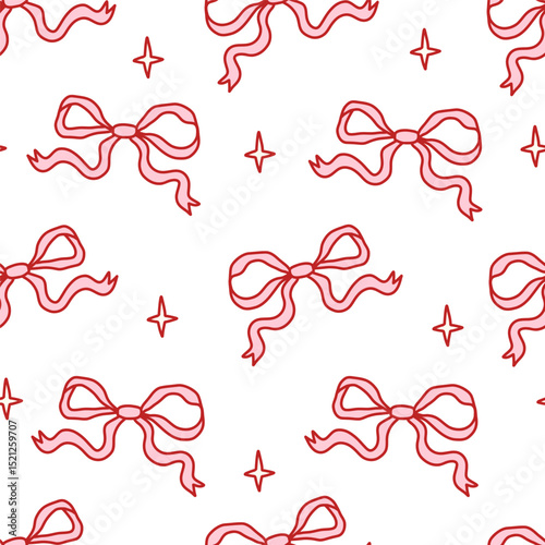 Seamless pattern with hand-drawn red bows and stars on a white background. Cute and girly coquette style, perfect for fabric, packaging, wrapping paper, digital paper, stationery. Vector illustration