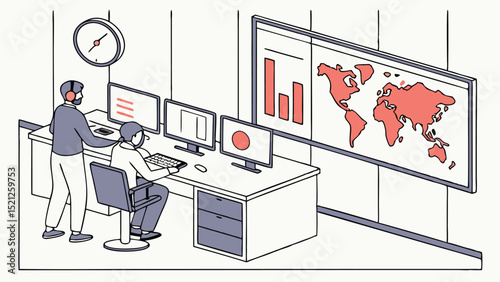 Two workers in a control room monitoring screens with world map and bar graph in isometric view design