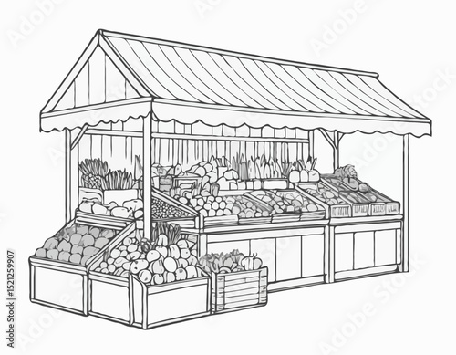 Intricate Line Drawing of a Market Stall with Fruits and Vegetables, Demonstrating Daily Life and Commerce for Food Blogs and Agricultural Publications.