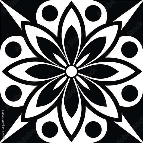 Elegant black and white floral mandala design with symmetrical geometric pattern