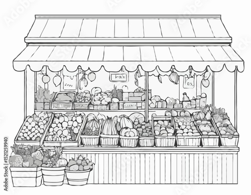 Intricate Line Drawing of a Market Stall with Fruits and Vegetables, Demonstrating Daily Life and Commerce for Food Blogs and Agricultural Publications.