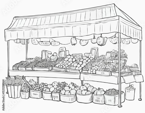 Intricate Line Drawing of a Market Stall with Fruits and Vegetables, Demonstrating Daily Life and Commerce for Food Blogs and Agricultural Publications.