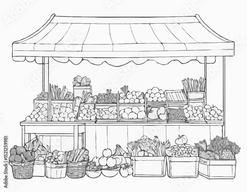 Intricate Line Drawing of a Market Stall with Fruits and Vegetables, Demonstrating Daily Life and Commerce for Food Blogs and Agricultural Publications.