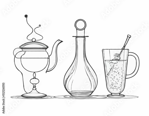 Stylish Black and White Wine Glass, Cocktail Shaker, and Tea Pot Icons for Menus