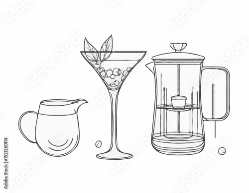 Stylish Black and White Wine Glass, Cocktail Shaker, and Tea Pot Icons for Menus