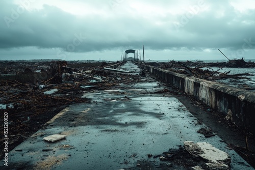 Aftermath of hurricane showing destroyed coastal infrastructure under somber skies, capturing the impact of extreme weather and rising climate disaster risks photo