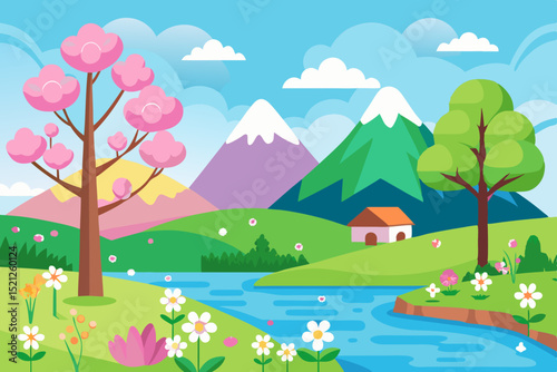 spring landscape illustration with mountains, trees, flowers and blue sky

