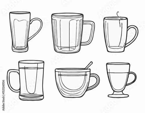 Sophisticated Line Drawings of Beer Stein, Martini Glass, and Espresso Cup for Cafes