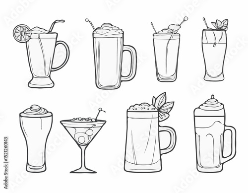 Sophisticated Line Drawings of Beer Stein, Martini Glass, and Espresso Cup for Cafes