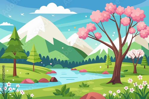 spring landscape illustration with mountains, trees, flowers and blue sky

