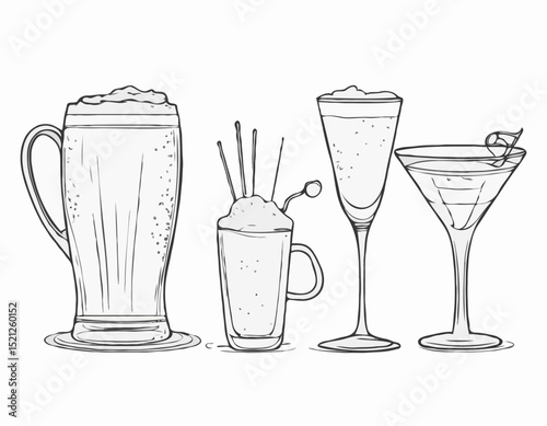 Sophisticated Line Drawings of Beer Stein, Martini Glass, and Espresso Cup for Cafes