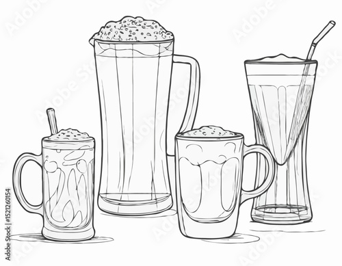 Sophisticated Line Drawings of Beer Stein, Martini Glass, and Espresso Cup for Cafes