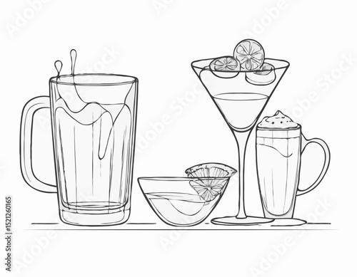 Sophisticated Line Drawings of Beer Stein, Martini Glass, and Espresso Cup for Cafes