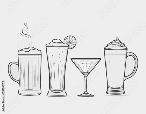 Sophisticated Line Drawings of Beer Stein, Martini Glass, and Espresso Cup for Cafes