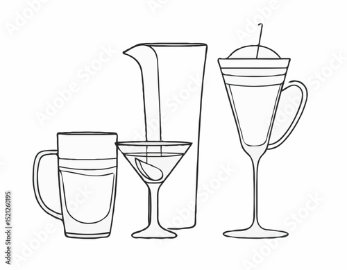 Sophisticated Line Drawings of Beer Stein, Martini Glass, and Espresso Cup for Cafes