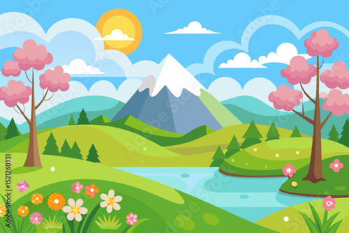 spring landscape illustration with mountains, trees, flowers and blue sky

