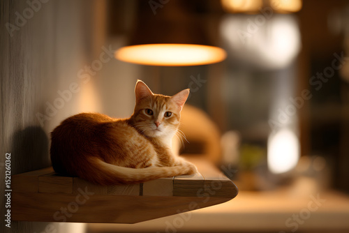 Content orange cat resting peacefully on a weathered wooden shelf, showcasing its charming personality. Pet concept