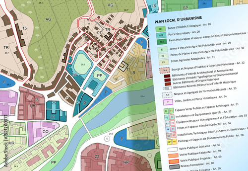 PLAN LOCAL D'URBANISME - URBAN DEVELOPMENT AND URBAN ZONING MAP CONCEPT IN FRENCH LANGUAGE - Fictional land registry and General Urban Plan with zoning regulations, land use and urban destinations