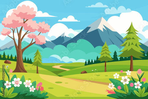 spring landscape illustration with mountains, trees, flowers and blue sky

