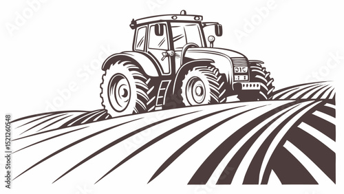 Illustration of a tractor on a field with stylized rows, rendered in a monochrome, line art style design