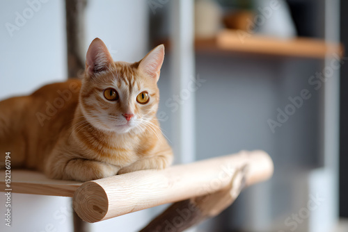 Graceful orange cat peacefully sleeping on a well-worn wooden shelf, emphasizing comfort and coziness. Pet concept