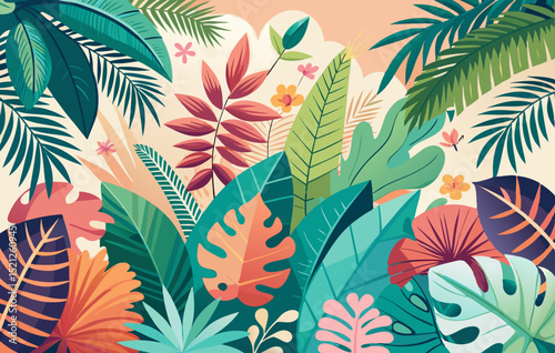 tropical jungle leaves background illustration with colorful exotic foliage

