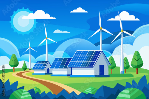 renewable energy landscape with solar panels, wind turbines and green environment for sustainable future