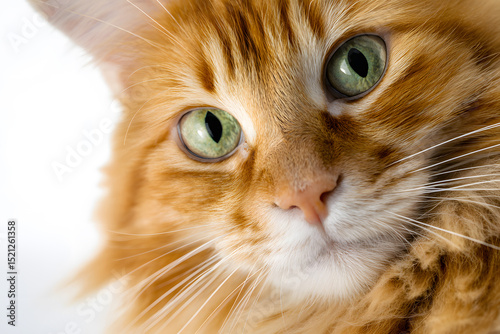 Charming orange cat with large inquisitive green eyes and a fluffy coat looking curiously. Pet concept